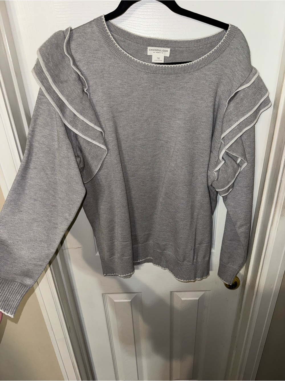 Chic soul Ruffle Shoulder Knit Sweater - Gray
